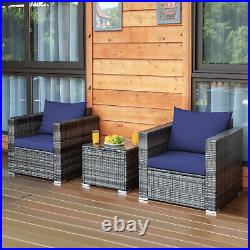 Patiojoy 3PCS Patio Wicker Furniture Bistro Set Cushioned Sofa Chair Table Navy