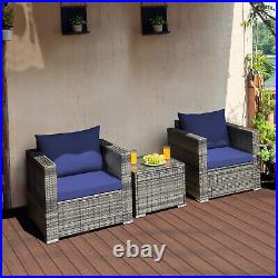 Patiojoy 3PCS Patio Wicker Furniture Bistro Set Cushioned Sofa Chair Table Navy