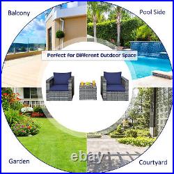 Patiojoy 3PCS Patio Wicker Furniture Bistro Set Cushioned Sofa Chair Table Navy