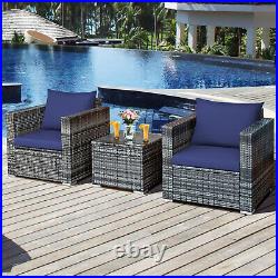 Patiojoy 3PCS Patio Wicker Furniture Bistro Set Cushioned Sofa Chair Table Navy