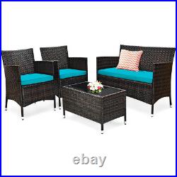 Patiojoy 4PCS Rattan Patio Furniture Set Cushioned Sofa Chair With TableTurquoise