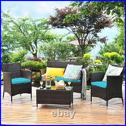 Patiojoy 4PCS Rattan Patio Furniture Set Cushioned Sofa Chair With TableTurquoise