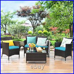 Patiojoy 4PCS Rattan Patio Furniture Set Cushioned Sofa Chair With TableTurquoise