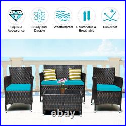 Patiojoy 4PCS Rattan Patio Furniture Set Cushioned Sofa Chair With TableTurquoise