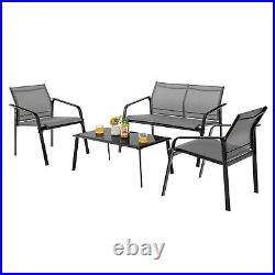 Patiojoy 4 PCS Patio Furniture Set Loveseat Sofas Armrest Glass Table Deck Grey