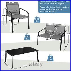 Patiojoy 4 PCS Patio Furniture Set Loveseat Sofas Armrest Glass Table Deck Grey