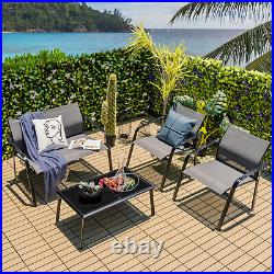 Patiojoy 4 PCS Patio Furniture Set Loveseat Sofas Armrest Glass Table Deck Grey