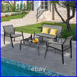 Patiojoy 4 PCS Patio Furniture Set Loveseat Sofas Armrest Glass Table Deck Grey