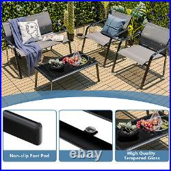 Patiojoy 4 PCS Patio Furniture Set Loveseat Sofas Armrest Glass Table Deck Grey