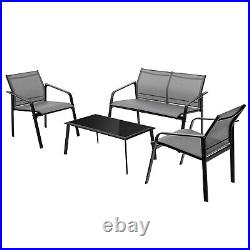 Patiojoy 4 PCS Patio Furniture Set Loveseat Sofas Armrest Glass Table Deck Grey