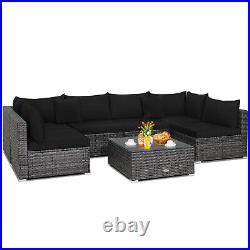 Patiojoy 7PCS Patio Rattan Furniture Set Sectional Sofa Cushioned Garden Black