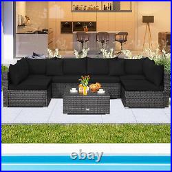 Patiojoy 7PCS Patio Rattan Furniture Set Sectional Sofa Cushioned Garden Black