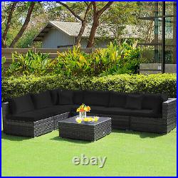 Patiojoy 7PCS Patio Rattan Furniture Set Sectional Sofa Cushioned Garden Black