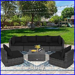 Patiojoy 7PCS Patio Rattan Furniture Set Sectional Sofa Cushioned Garden Black