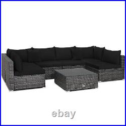 Patiojoy 7PCS Patio Rattan Furniture Set Sectional Sofa Cushioned Garden Black