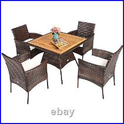 Patiojoy Patio Rattan Dining Furniture Set 5PCS Arm Chair Wooden Table Top