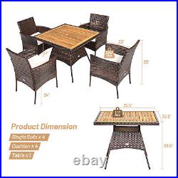 Patiojoy Patio Rattan Dining Furniture Set 5PCS Arm Chair Wooden Table Top