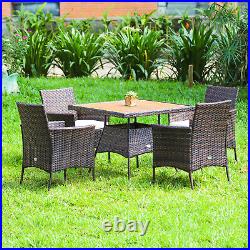 Patiojoy Patio Rattan Dining Furniture Set 5PCS Arm Chair Wooden Table Top