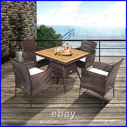 Patiojoy Patio Rattan Dining Furniture Set 5PCS Arm Chair Wooden Table Top