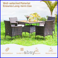 Patiojoy Patio Rattan Dining Furniture Set 5PCS Arm Chair Wooden Table Top