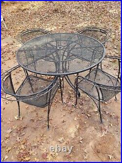 Vintage Black Wrought Iron Patio Furniture Set 48 Table & 4 Barrel Back Chairs