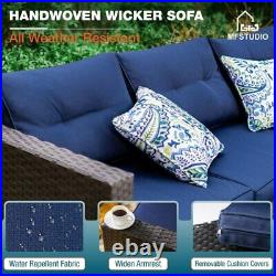 Wicker Outdoor Sofa Set Patio Furniture, Navy Cushions Sectional Conversation